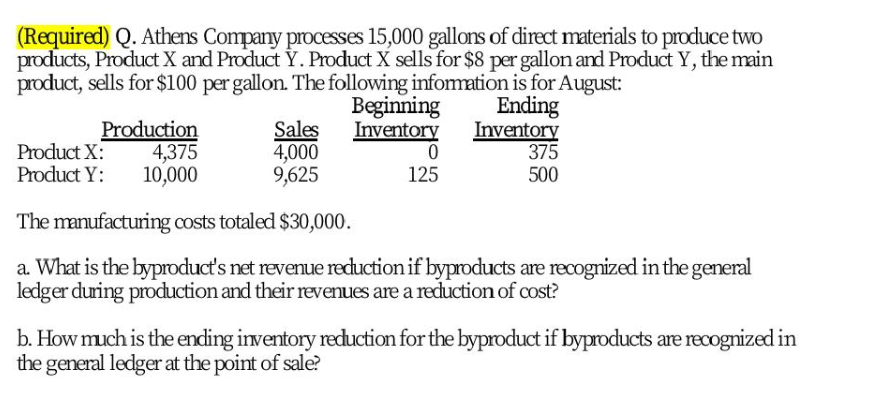 (Required) Q. Athens Company processes 15,000 gallons of direct materials to produce two
products, Product X and Product Y. Product X sells for $8 per gallon and Product Y, the main
product, sells for $100 per gallon. The following information is for August:
Ending
Inventory
Production
Product X:
4,375
Product Y: 10,000
Sales
4,000
9,625
Beginning
Inventory
0
125
375
500
The manufacturing costs totaled $30,000.
a. What is the byproduct's net revenue reduction if byproducts are recognized in the general
ledger during production and their revenues are a reduction of cost?
b. How much is the ending inventory reduction for the byproduct if byproducts are recognized in
the general ledger at the point of sale?