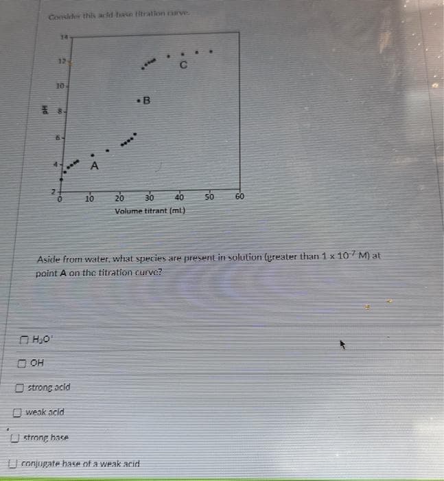 HO
Consider this acid-hase titration curve
10
9
14
12
A
PR
IN
weak acid
****
strong base
A
A
10
***
B
C
Aside from water, what species are present in solution (greater than 1 x 107 M) at
point A on the fitration curve?
conjugate base of a weak acid
20
Volume titrant (ml)
30 40 50 60