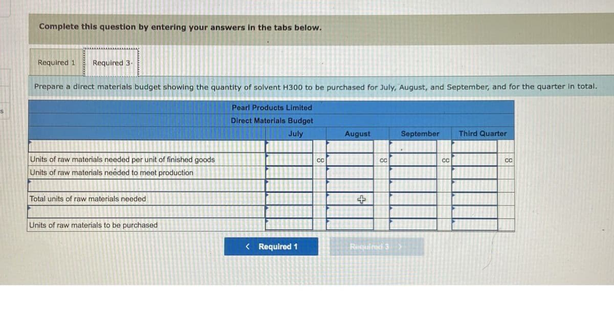 S
Complete this question by entering your answers in the tabs below.
Required 1 Required 3.
Prepare a direct materials budget showing the quantity of solvent H300 to be purchased for July, August, and September, and for the quarter in total.
Units of raw materials needed per unit of finished goods
Units of raw materials needed to meet production
Total units of raw materials needed
Pearl Products Limited
Direct Materials Budget
July
August
CC
+
CC
Units of raw materials to be purchased
< Required 1
Required 3
September
Third Quarter
CC
CC