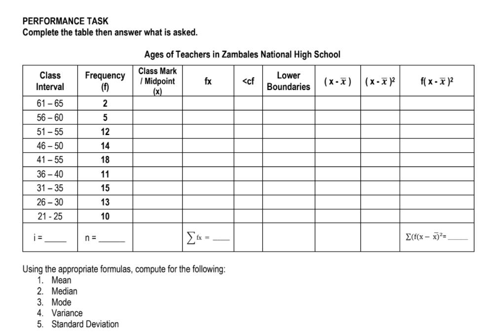 PERFORMANCE TASK
Complete the table then answer what is asked.
Ages of Teachers in Zambales National High School
Class Mark
| Midpoint
_(x)
Class
Frequency
(f)
Lower
Interval
fx
<cf
Boundaries
(x -x) |(x-x)2²
f( x - x )2
61 – 65
2
56 – 60
51 - 55
12
46 – 50
14
41 – 55
18
36 – 40
11
31 - 35
15
26 – 30
13
21 - 25
10
i =
n =
E(f(x – x)²=
Using the appropriate formulas, compute for the following:
1. Mean
2. Median
3. Mode
4. Variance
5. Standard Deviation
