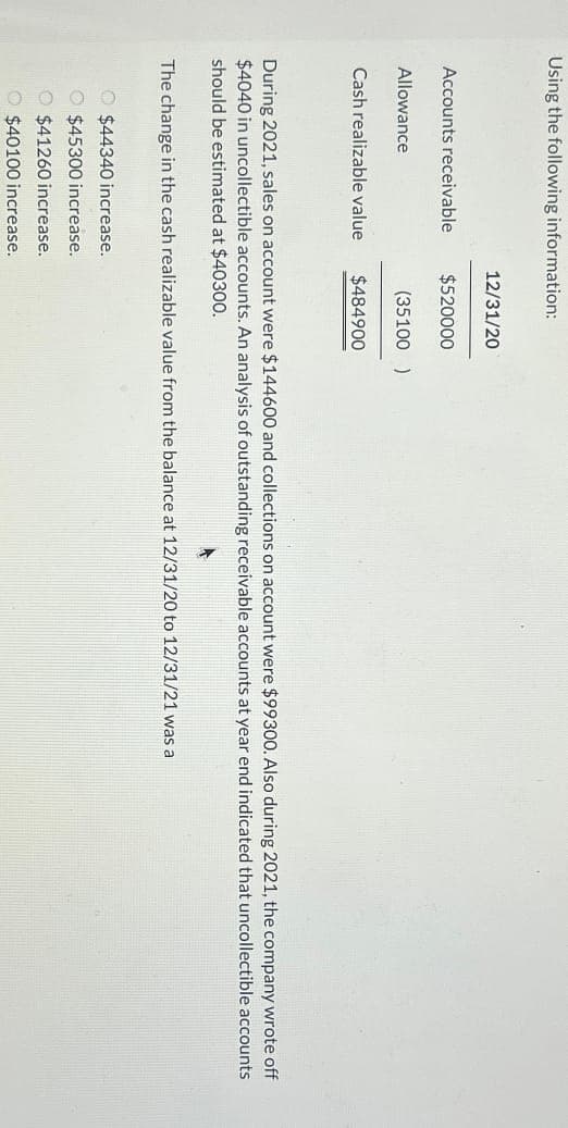 Using the following information:
12/31/20
Accounts receivable
$520000
Allowance
(35100)
Cash realizable value
$484900
During 2021, sales on account were $144600 and collections on account were $99300. Also during 2021, the company wrote off
$4040 in uncollectible accounts. An analysis of outstanding receivable accounts at year end indicated that uncollectible accounts
should be estimated at $40300.
The change in the cash realizable value from the balance at 12/31/20 to 12/31/21 was a
$44340 increase.
$45300 increase.
$41260 increase.
$40100 increase.