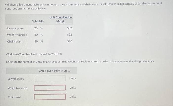Wildhorse Tools manufactures lawnmowers, weed-trimmers, and chainsaws. Its sales mix (as a percentage of total units) and unit
contribution margin are as follows.
Lawnmowers
Weed-trimmers
Chainsaws
Lawnmowers
Weed-trimmers
Sales Mix
Chainsaws
20 %
50 %
30 %
Wildhorse Tools has fixed costs of $4,263,000.
Compute the number of units of each product that Wildhorse Tools must sell in order to break even under this product mix.
Break-even point in units
Unit Contribution
Margin
$32
$22
$40
units
units.
units