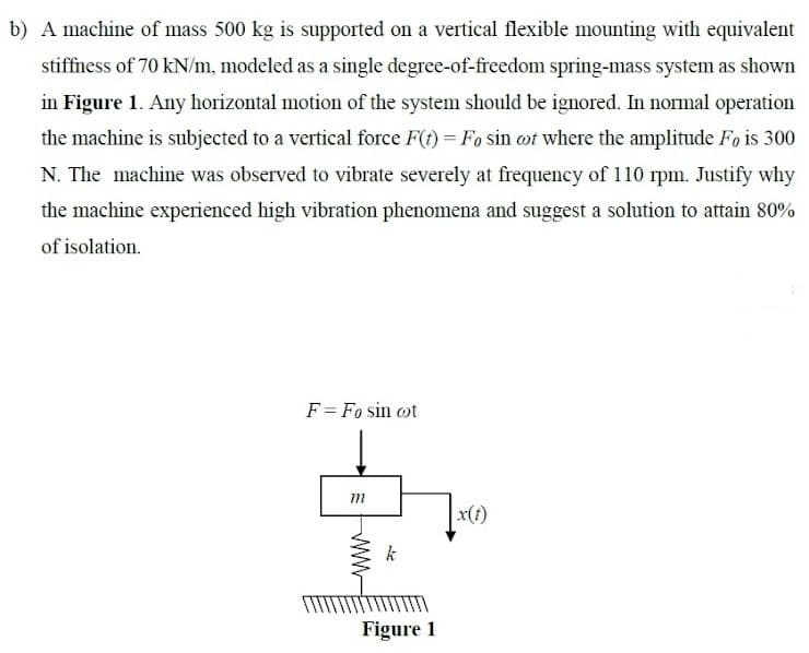 b) A machine of mass 500 kg is supported on a vertical flexible mounting with equivalent
stiffness of 70 kN/m, modeled as a single degree-of-freedom spring-mass system as shown
in Figure 1. Any horizontal motion of the system should be ignored. In normal operation
the machine is subjected to a vertical force F(t) = Fo sin ot where the amplitude Fo is 300
N. The machine was observed to vibrate severely at frequency of 110 rpm. Justify why
the machine experienced high vibration phenomena and suggest a solution to attain 80%
of isolation.
F = Fo sin ot
x(1)
Figure 1
