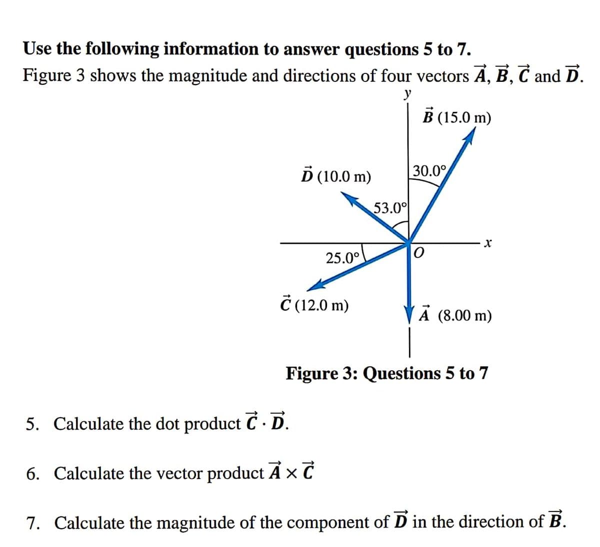 Use the following information to answer questions 5 to 7.
Figure 3 shows the magnitude and directions of four vectors Á, B, C and D.
y
В (15.0 m)
D (10.0 m)
30.0°
53.0°
25.0°
Č (12.0 m)
VÄ (8.00 m)
Figure 3: Questions 5 to 7
5. Calculate the dot product C · D.
6. Calculate the vector product A x C
7. Calculate the magnitude of the component of D in the direction of B.
