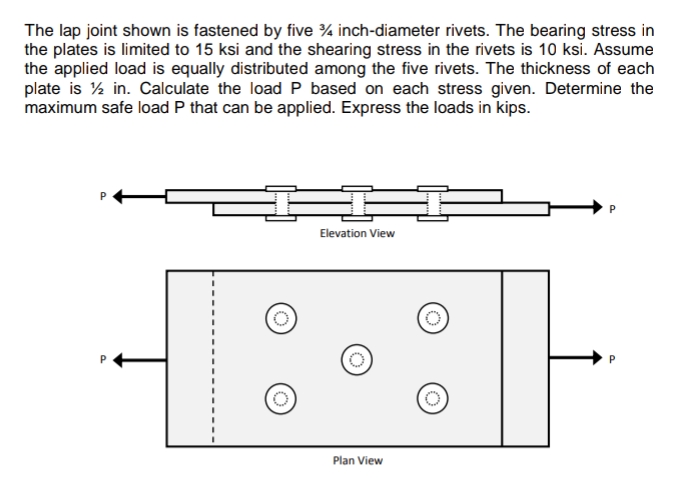 The lap joint shown is fastened by five % inch-diameter rivets. The bearing stress in
the plates is limited to 15 ksi and the shearing stress in the rivets is 10 ksi. Assume
the applied load is equally distributed among the five rivets. The thickness of each
plate is ½ in. Calculate the load P based on each stress given. Determine the
maximum safe load P that can be applied. Express the loads in kips.
Elevation View
Plan View
