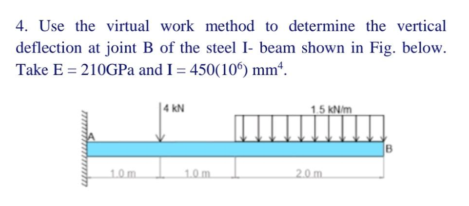 4. Use the virtual work method to determine the vertical
deflection at joint B of the steel I- beam shown in Fig. below.
Take E = 210GPa and I = 450(106) mmª.
mmmmmm
1.0 m
4 KN
1.0 m
1.5 kN/m
2.0m