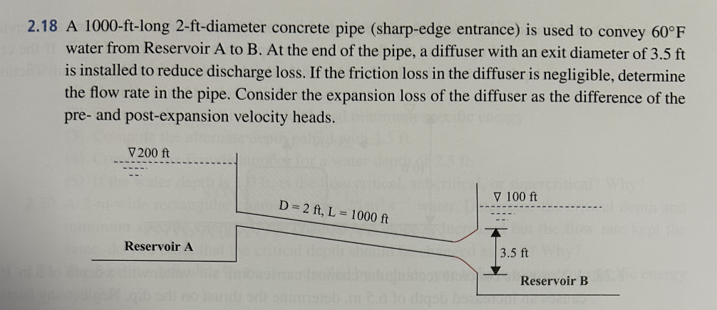 2.18 A 1000-ft-long 2-ft-diameter concrete pipe (sharp-edge entrance) is used to convey 60°F
water from Reservoir A to B. At the end of the pipe, a diffuser with an exit diameter of 3.5 ft
is installed to reduce discharge loss. If the friction loss in the diffuser is negligible, determine
the flow rate in the pipe. Consider the expansion loss of the diffuser as the difference of the
pre-
and post-expansion velocity heads.
V200 ft
Reservoir A
D=2 ft, L= 1000 ft
Aino
V 100 ft
3.5 ft
Reservoir B
energy