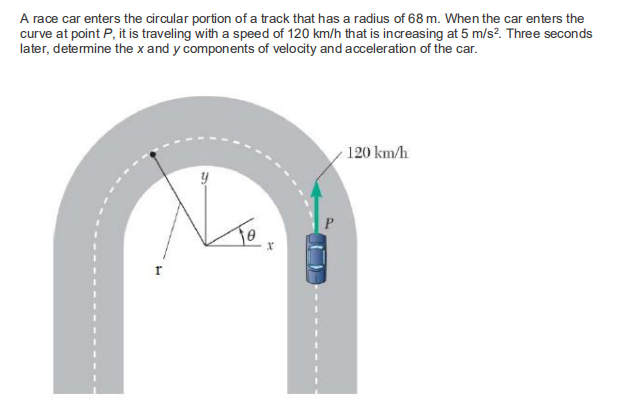 A race car enters the circular portion of a track that has a radius of 68 m. When the car enters the
curve at point P, it is traveling with a speed of 120 km/h that is increasing at 5 m/s?. Three seconds
later, determine the x and y components of velocity and acceleration of the car.
120 km/h
P.
