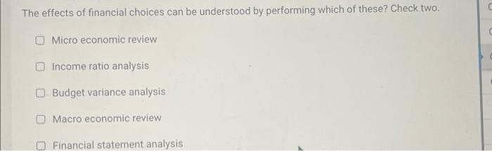 The effects of financial choices can be understood by performing which of these? Check two.
Micro economic review
Income ratio analysis
O Budget variance analysis
O Macro economic review
O Financial statement analysis
