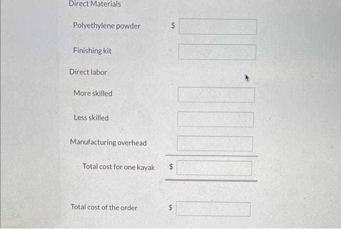 Direct Materials
Polyethylene powder
Finishing kit
Direct labor
More skilled
Less skilled
Manufacturing overhead
Total cost for one kayak
Total cost of the order
$
LA
GA