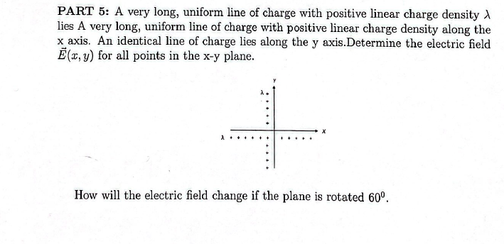 PART 5: A very long, uniform line of charge with positive linear charge density
lies A very long, uniform line of charge with positive linear charge density along the
x axis. An identical line of charge lies along the y axis.Determine the electric field
E(x, y) for all points in the x-y plane.
+
X
How will the electric field change if the plane is rotated 60⁰.