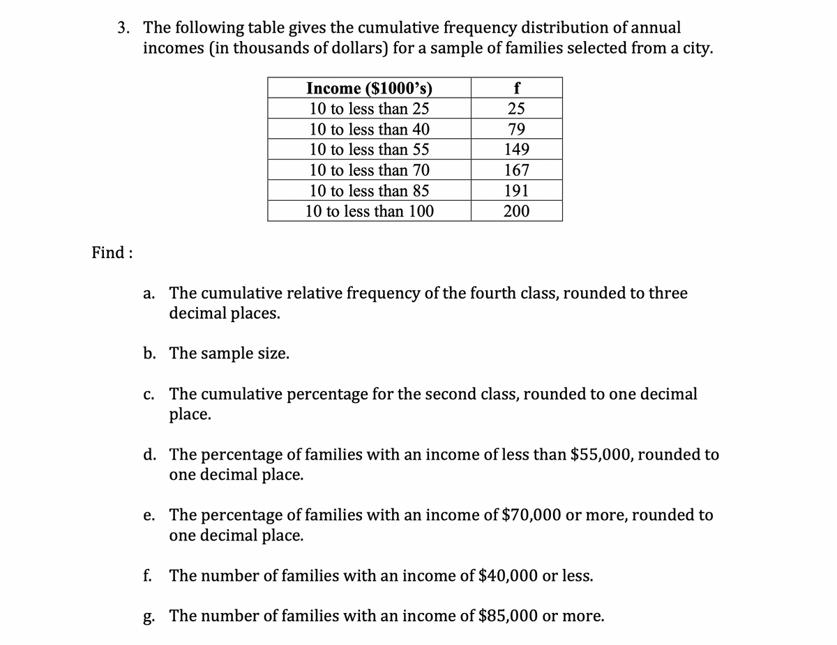 3. The following table gives the cumulative frequency distribution of annual
incomes (in thousands of dollars) for a sample of families selected from a city.
Income ($1000’s)
f
10 to less than 25
25
10 to less than 40
79
10 to less than 55
149
10 to less than 70
167
10 to less than 85
191
10 to less than 100
200
Find :
a. The cumulative relative frequency of the fourth class, rounded to three
decimal places.
b. The sample size.
c. The cumulative percentage for the second class, rounded to one decimal
place.
d. The percentage of families with an income of less than $55,000, rounded to
one decimal place.
e. The percentage of families with an income of $70,000 or more, rounded to
one decimal place.
f. The number of families with an income of $40,000 or less.
g. The number of families with an income of $85,000 or more.
