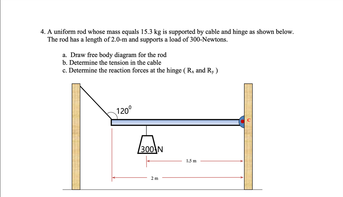 4. A uniform rod whose mass equals 15.3 kg is supported by cable and hinge as shown below.
The rod has a length of 2.0-m and supports a load of 300-Newtons.
a. Draw free body diagram for the rod
b. Determine the tension in the cable
c. Determine the reaction forces at the hinge ( Rx and Ry )
120⁰
300 N
2 m
1.5 m
C