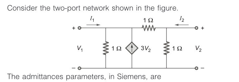 Consider the two-port network shown in the figure.
12
V,
1Ω
3V2
1Ω
V2
The admittances parameters, in Siemens, are
