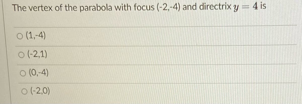 The vertex of the parabola with focus (-2,-4) and directrix y
4 is
o (1,-4)
0 (-2,1)
o (0,-4)
O (-2,0)
