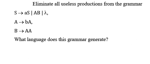 Eliminate all useless productions from the grammar
S→ as | AB | 2,
A → bA,
В — АА
What language does this grammar generate?
