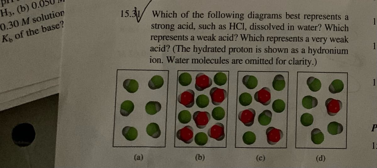 H3, (b) 0.0
0.30 M solution
K, of the base?
15.31/ Which of the following diagrams best represents a
strong acid, such as HCI, dissolved in water? Which
represents a weak acid? Which represents a very weak
acid? (The hydrated proton is shown as a hydronium
ion. Water molecules are omitted for clarity.)
1
(b)
1:
(c)
(d)
