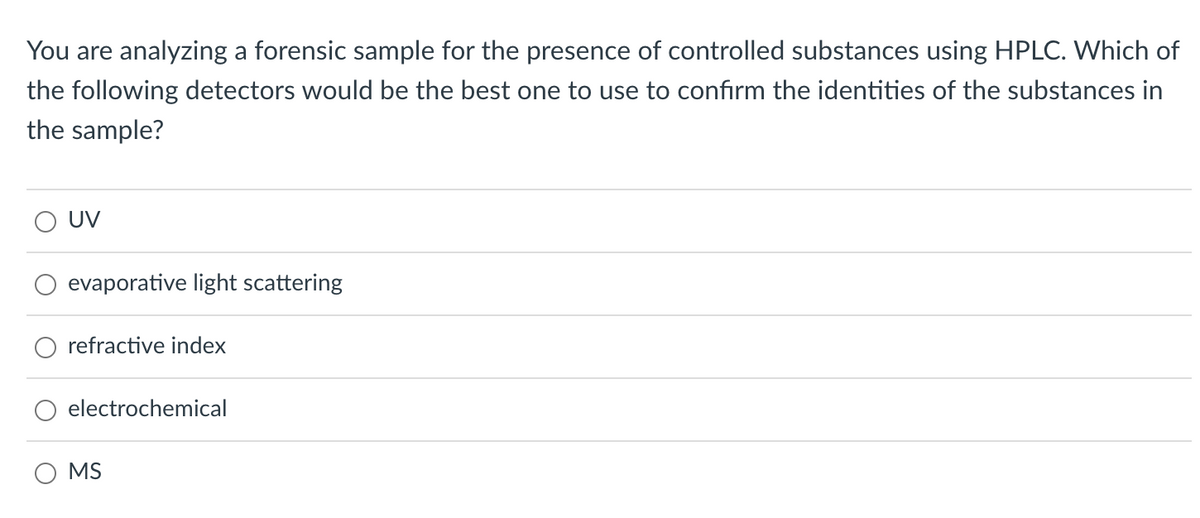 You are analyzing a forensic sample for the presence of controlled substances using HPLC. Which of
the following detectors would be the best one to use to confirm the identities of the substances in
the sample?
UV
evaporative light scattering
refractive index
electrochemical
MS