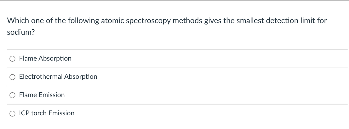 Which one of the following atomic spectroscopy methods gives the smallest detection limit for
sodium?
Flame Absorption
Electrothermal Absorption
Flame Emission
ICP torch Emission