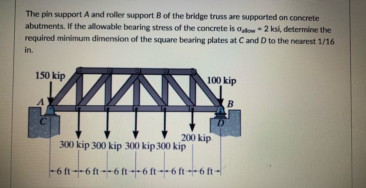 The pin support A and roller support B of the bridge truss are supported on concrete
abutments. If the allowable bearing stress of the concrete is oallow = 2 ksi, determine the
required minimum dimension of the square bearing plates at C and D to the nearest 1/16
in.
150 kip
100 kip
B
200 kip
300 kip 300 kip 300 kip 300 kip
-6 ft --6 ft--6 ft--6 ft--6 ft--6 ft-
