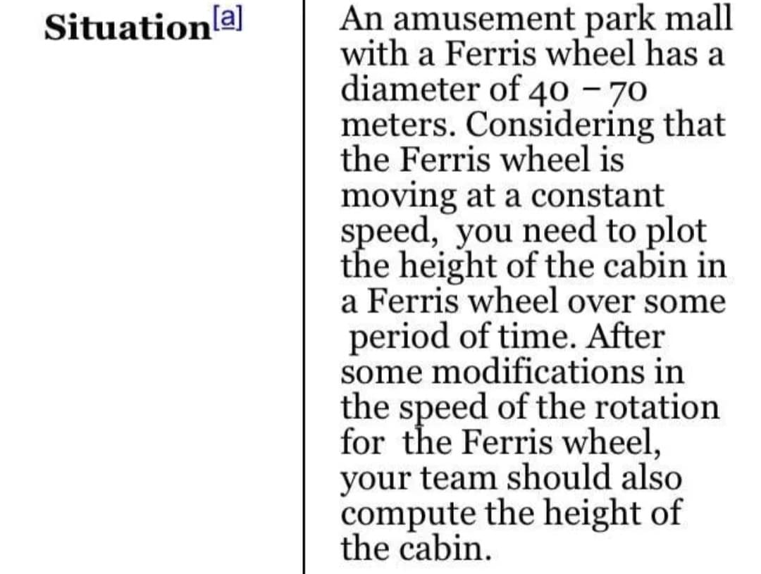 An amusement park mall
with a Ferris wheel has a
diameter of 40 – 70
meters. Considering that
the Ferris wheel is
moving at a constant
speed, you need to plot
the height of the cabin in
a Ferris wheel over some
period of time. After
some modifications in
the speed of the rotation
for the Ferris wheel,
your team should also
compute the height of
the cabin.
Situation a)
