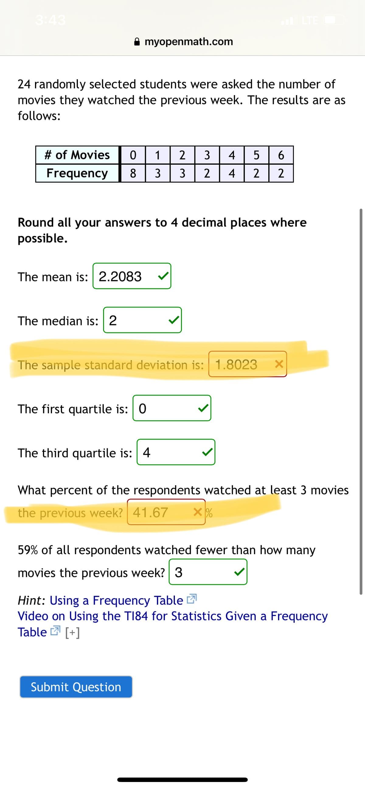 3:43
l LTE O
A myopenmath.com
24 randomly selected students were asked the number of
movies they watched the previous week. The results are as
follows:
# of Movies
1
3
4
Frequency
8
3
2
4
2
2
Round all your answers to 4 decimal places where
possible.
The mean is: 2.2083
The median is: 2
The sample standard deviation is: 1.8023
The first quartile is: 0
The third quartile is: 4
What percent of the respondents watched at least 3 movies
the previous week? 41.67
59% of all respondents watched fewer than how many
movies the previous week? 3
Hint: Using a Frequency Table 7
Video on Using the TI84 for Statistics Given a Frequency
Table 2 [+]
Submit Question
3.
