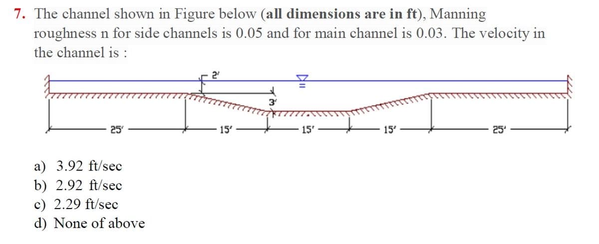 7. The channel shown in Figure below (all dimensions are in ft), Manning
roughness n for side channels is 0.05 and for main channel is 0.03. The velocity in
the channel is :
2
25
15
15'
15
25'
a) 3.92 ft/sec
b) 2.92 ft/sec
c) 2.29 ft/sec
d) None of above
