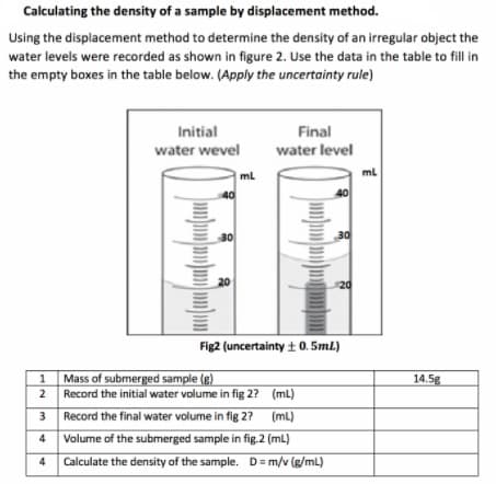 Calculating the density of a sample by displacement method.
Using the displacement method to determine the density of an irregular object the
water levels were recorded as shown in figure 2. Use the data in the table to fill in
the empty boxes in the table below. (Apply the uncertainty rule)
Initial
Final
water wevel
water level
ml
ml
40
40
30
30
20
-20
Fig2 (uncertainty + 0. 5mL)
Mass of submerged sample (g)
Record the initial water volume in fig 2? (mL)
1
14.5g
2
Record the final water volume in fig 2?
(mL)
4
Volume of the submerged sample in fig.2 (mL)
4 Calculate the density of the sample. D= m/v (g/mL)
