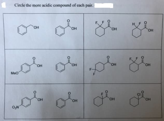 Circle the more acidic compound of each pair.
HO
но,
HO,
HO,
OH
HO,
HO,
HO,
Meo
HO.
HO,
HO.
HO.
O2N
