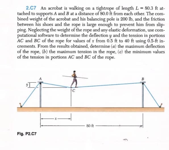 crements. From the results obtained, determine (a) the maximum deflection
of the rope, (b) the maximum tension in the rope, (c) the minimum values
of the tension in portions AC and BC of the rope.
