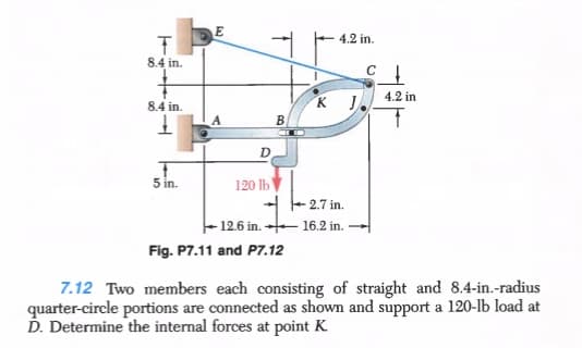 4.2 in.
8.4 in.
4.2 in
8.4 in.
K J.
D
5 in.
120 lb
2.7 in.
- 12.6 in. 16.2 in.
Fig. P7.11 and P7.12
7.12 Two members each consisting of straight and 8.4-in.-radius
quarter-circle portions are connected as shown and support a 120-lb load at
D. Determine the internal forces at point K
