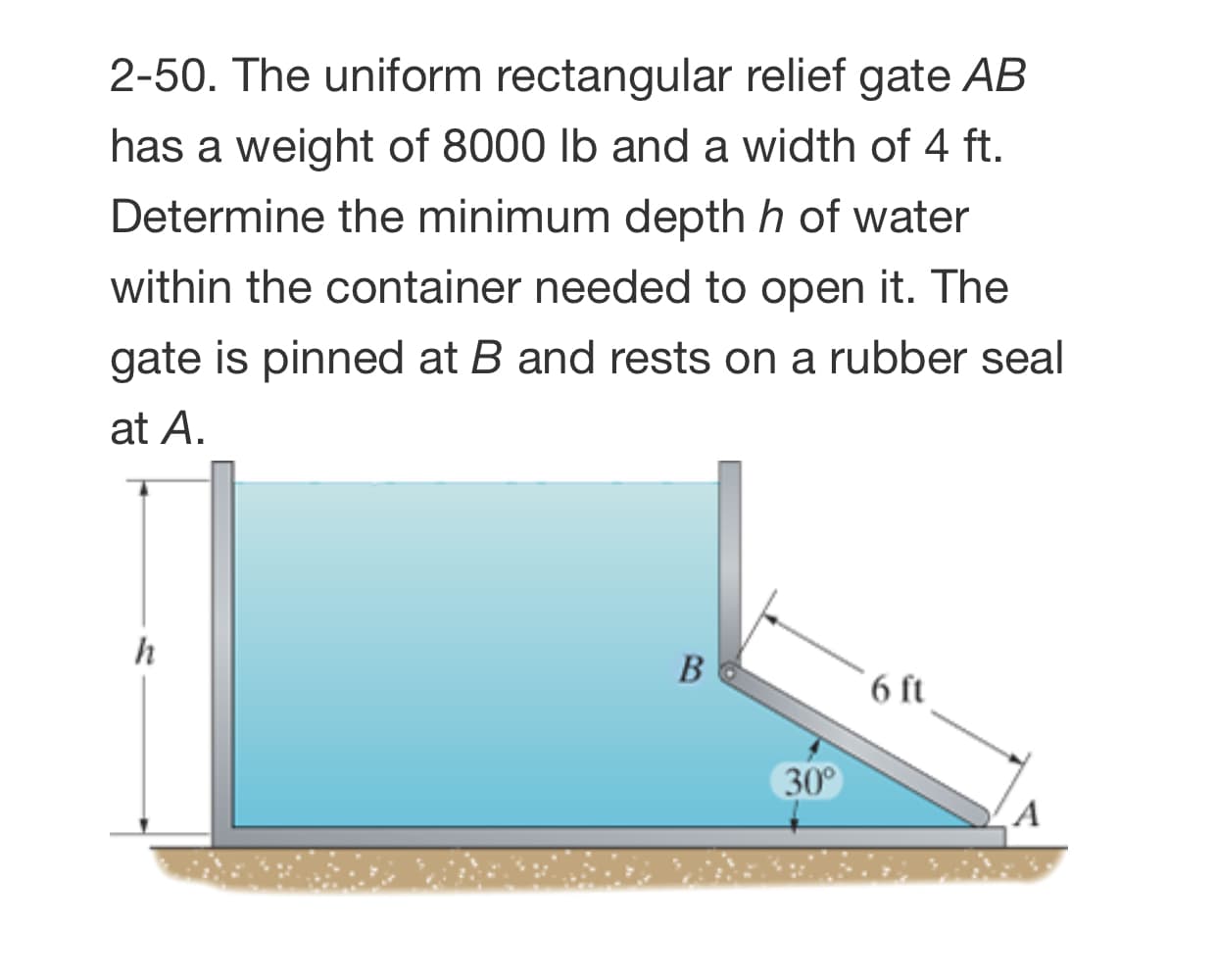 2-50. The uniform rectangular relief gate AB
has a weight of 8000 lb and a width of 4 ft.
Determine the minimum depth h of water
within the container needed to open it. The
gate is pinned at B and rests on a rubber seal
at A.
h
6 ft
30
