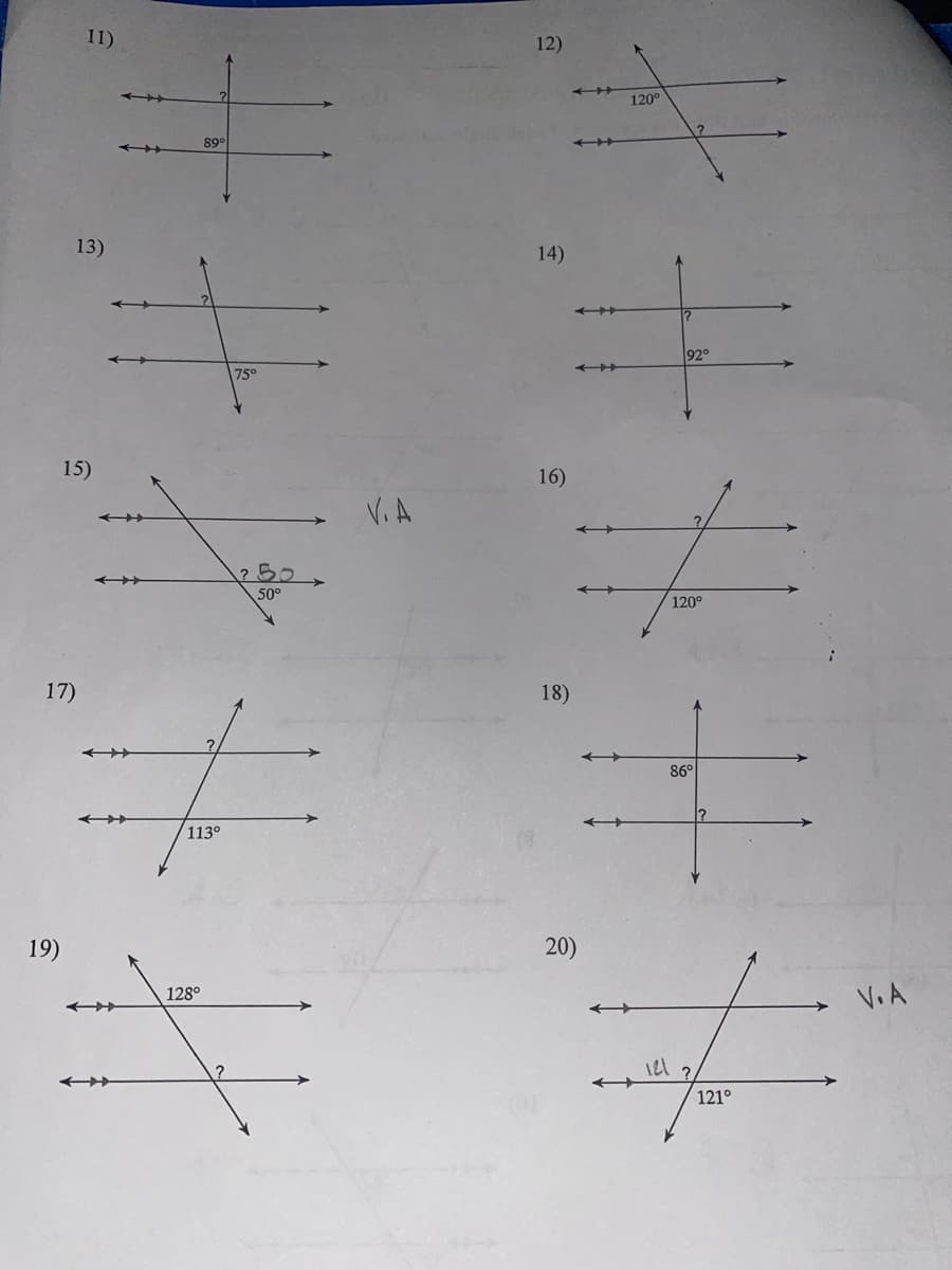 11)
12)
120°
89°
13)
14)
92°
15)
16)
V.A
?50
50°
120°
17)
18)
86°
113°
19)
20)
V. A
128°
121°
