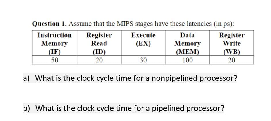 Question 1. Assume that the MIPS stages have these latencies (in ps):
Register
Execute
Register
Read
(EX)
Write
Instruction
Memory
(IF)
50
(ID)
20
30
Data
Memory
(MEM)
100
(WB)
20
a) What is the clock cycle time for a nonpipelined processor?
b) What is the clock cycle time for a pipelined processor?