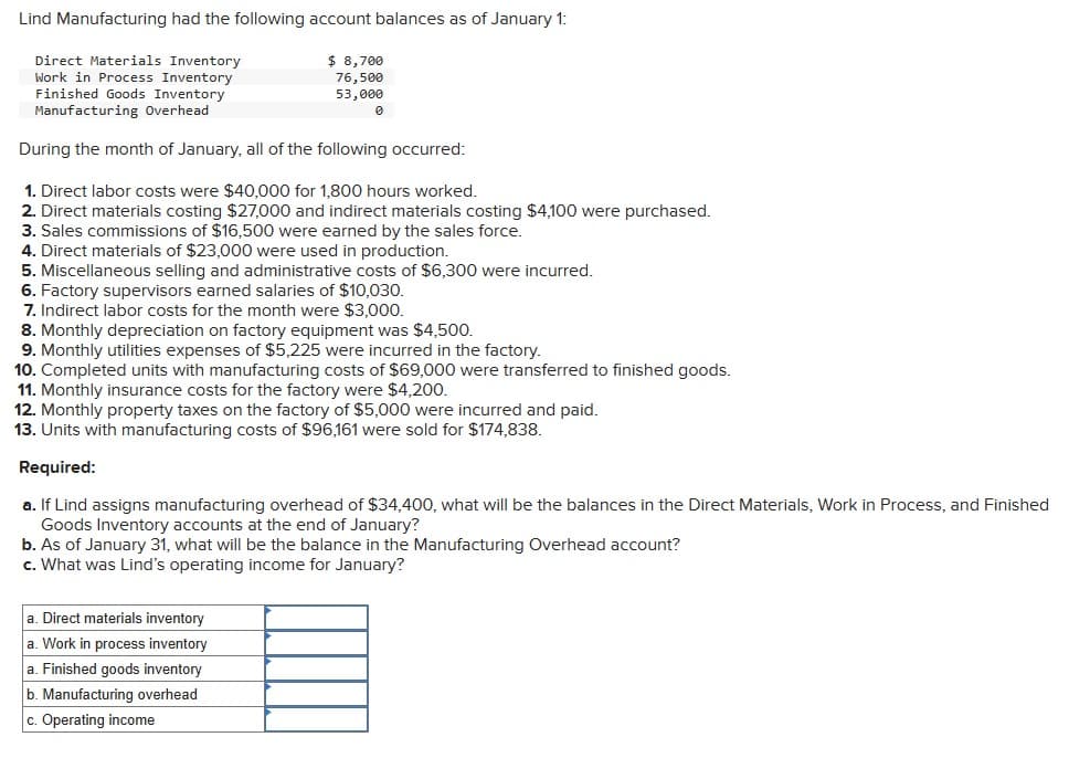 Lind Manufacturing had the following account balances as of January 1:
Direct Materials Inventory
Work in Process Inventory
Finished Goods Inventory
Manufacturing Overhead
During the month of January, all of the following occurred:
$ 8,700
76,500
53,000
0
1. Direct labor costs were $40,000 for 1,800 hours worked.
2. Direct materials costing $27,000 and indirect materials costing $4,100 were purchased.
3. Sales commissions of $16,500 were earned by the sales force.
4. Direct materials of $23,000 were used in production.
5. Miscellaneous selling and administrative costs of $6,300 were incurred.
6. Factory supervisors earned salaries of $10,030.
7. Indirect labor costs for the month were $3,000.
8. Monthly depreciation on factory equipment was $4,500.
9. Monthly utilities expenses of $5,225 were incurred in the factory.
10. Completed units with manufacturing costs of $69,000 were transferred to finished goods.
11. Monthly insurance costs for the factory were $4,200.
12. Monthly property taxes on the factory of $5,000 were incurred and paid.
13. Units with manufacturing costs of $96,161 were sold for $174,838.
Required:
a. If Lind assigns manufacturing overhead of $34,400, what will be the balances in the Direct Materials, Work in Process, and Finished
Goods Inventory accounts at the end of January?
b. As of January 31, what will be the balance in the Manufacturing Overhead account?
c. What was Lind's operating income for January?
a. Direct materials inventory
a. Work in process inventory
a. Finished goods inventory
b. Manufacturing overhead
c. Operating income