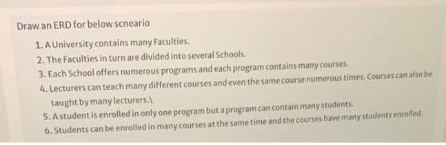 Draw an ERD for below scneario
1. AUniversity contains many Faculties.
2. The Faculties in turn are divided into several Schools.
3. Each School offers numerous programs and each program contains many courses.
4. Lecturers can teach many different courses and even the same course numerous times. Courses can also be
taught by many lecturers.
5. A student is enrolled in only one program but a program can contain many students.
6. Students can be enrolled in many courses at the same time and the courses have many students enrolled.
