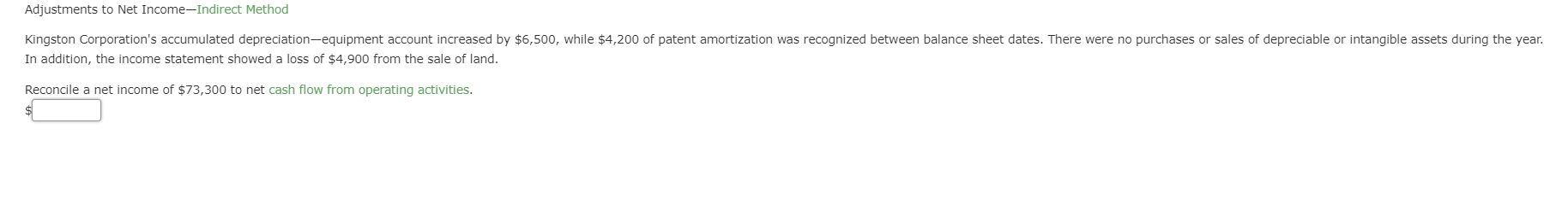 Adjustments to Net Income-Indirect Method
Kingston Corporation's accumulated depreciation-equipment account increased by $6,500, while $4,200 of patent amortization was recognized between balance sheet dates. There were no purchases or sales of depreciable or intangible assets during the year.
In addition, the income statement showed a loss of $4,900 from the sale of land
Reconcile a net income of $73,300 to net cash flow from operating activities
