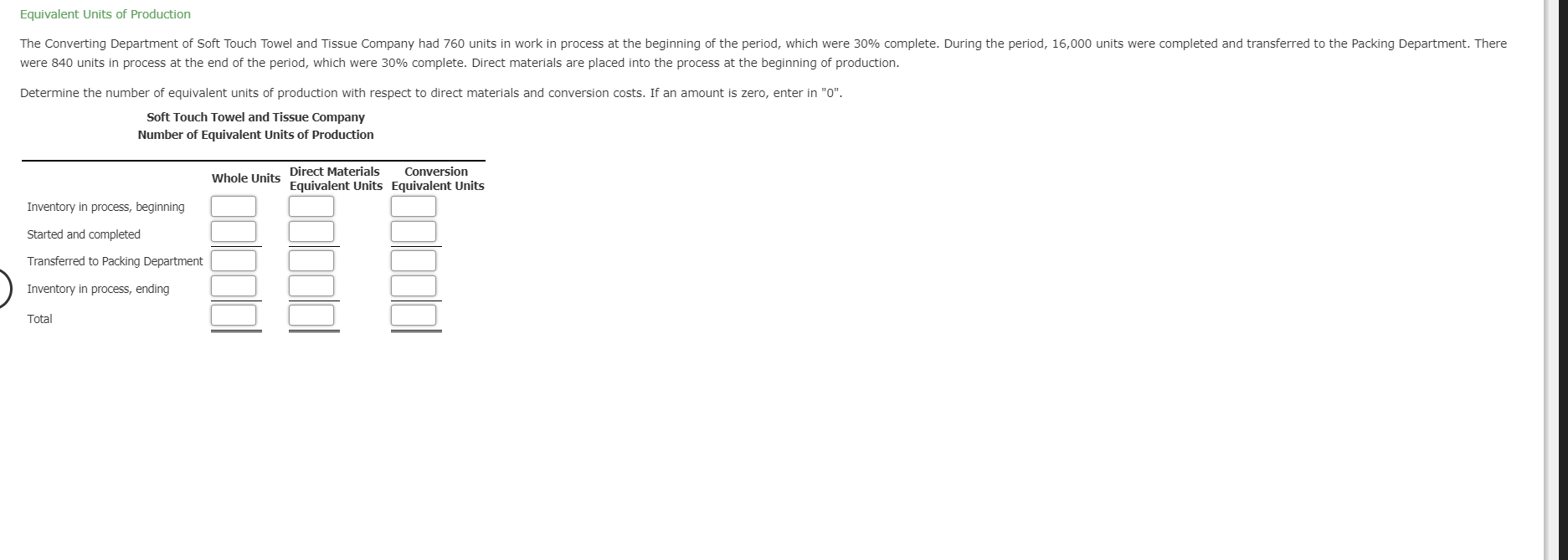 Equivalent Units of Production
The Converting Department of Soft Touch Towel and Tissue Company had 760 units in work in process at the beginning of the period, which were 30% complete. During the period, 16,000 units were completed and transferred to the Packing Department. There
were 840 units in process at the end of the period, which were 30% complete . Direct materials are placed into the process at the beginning of production.
ATT
Determine the number of equivalent units of production with respect to direct materials and conversion costs. If an amount is zero, enter in "0".
Soft Touch Towel and Tissue Company
Number of Equivalent Units of Production
Direct Materials
Equivalent Units Equivalent Units
Conversion
Whole Units
Inventory in process, beginning
Started and completed
Transferred to Packing Department
Inventory in process, ending
Total
