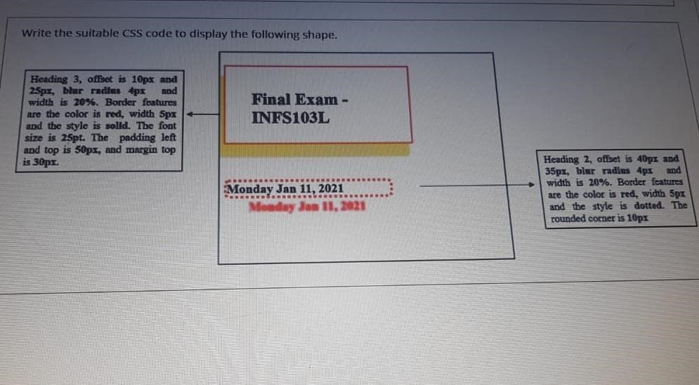 Write the suitable CSS code to display the following shape.
Heading 3, offset is 10px and
25px, blur radius 4px and
width is 20%. Border features
are the color is red, width 5px
and the style is solld. The font
size is 25pt. The padding left
and top is 50px, and margin top
is 30px.
Final Exam -
INFS103L
Monday Jan 11, 2021
wwww........
Monday Jan 11, 2021
Heading 2, offset is 40px and
35px, blur radius 4px and
width is 20%. Border features
are the color is red, width 5px
and the style is dotted. The
rounded corner is 10px