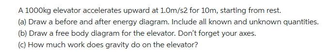 A 1000kg elevator accelerates upward at 1.0m/s2 for 10m, starting from rest.
(a) Draw a before and after energy diagram. Include all known and unknown quantities.
(b) Draw a free body diagram for the elevator. Don't forget your axes.
(c) How much work does gravity do on the elevator?