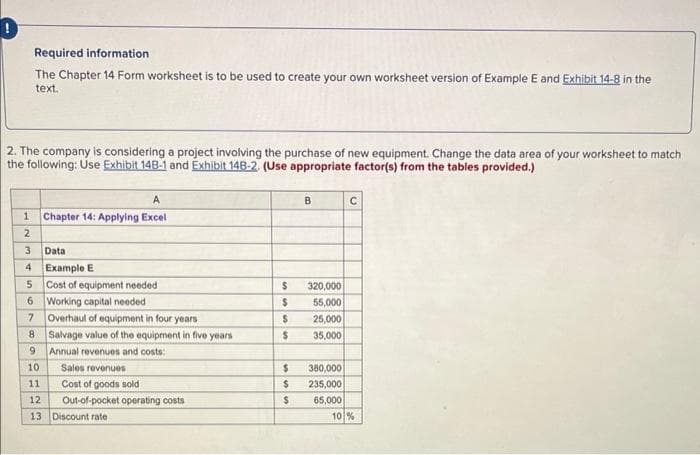 Required information
The Chapter 14 Form worksheet is to be used to create your own worksheet version of Example E and Exhibit 14-8 in the
text.
2. The company is considering a project involving the purchase of new equipment. Change the data area of your worksheet to match
the following: Use Exhibit 14B-1 and Exhibit 14B-2. (Use appropriate factor(s) from the tables provided.)
A
B
1 Chapter 14: Applying Excel
2
3
Data
4
Example E
Cost of equipment needed
6 Working capital needed
320,000
55,000
Overhaul of equipment in four years
25,000
8 Salvage value of the equipment in five years
35,000
Annual revenues and costs:
10
380,000
235,000
65,000
10 %
Sales revenues
11
Cost of goods sold
12
Out-of-pocket operating costs
13 Discount rate
