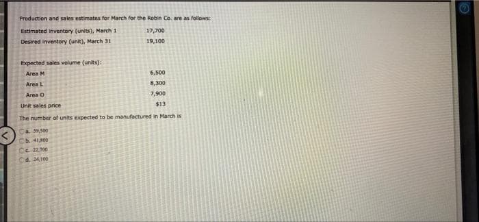 Production and saies estimates for March for the Robin Co. are as follows:
Estimated inventory (units), March 1
17,700
Desired inventory (unit), March 31
19,100
Expected sales volume (units):
Area M
6,500
Area L
8,300
Area O
7,900
Unit sales price
$13
The number of units expected to be manufactured in March is
Ob. 41,800
OC 22.700
Od. 24,100
