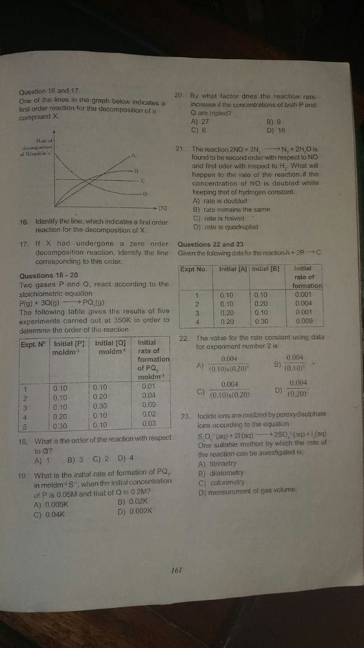 Question 16 and 17.
One of the lines in the graph below indicates a
first order reaction for the decomposition cf a
compound X.
Rate of
deuenpnitit
of X(moldms
D
-IX]
16. Identify the line, which indicates a first order
reaction for the decomposition of X
17. If X had undergone a zero order
decomposition reaciion. identify the line
corresponding to this order.
