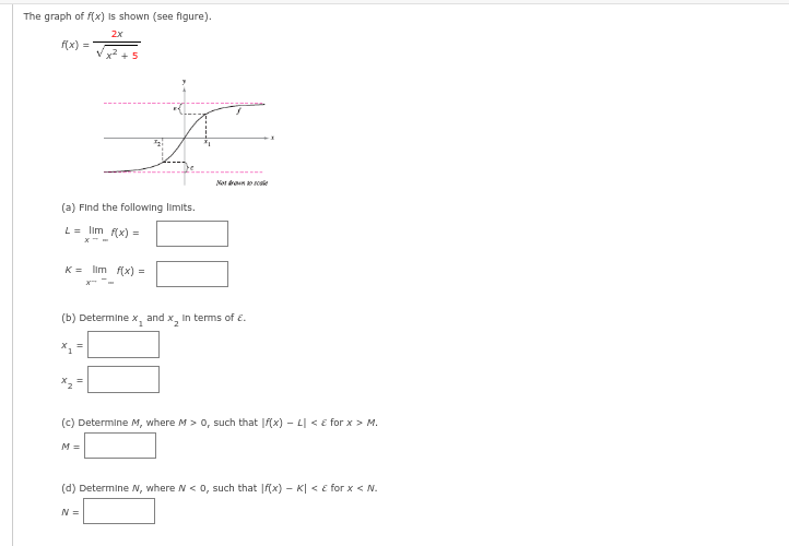 The graph of f(x) is shown (see figure).
2x
f(x) =
(a) Find the following limits.
L = Ilm_f(x) =
K = lim f(x) =
(b) Determine x, and x₂ in terms of E.
1
2
X1
=
Not
(c) Determine M, where M > 0, such that If(x) - L < & for x > M.
M =
(d) Determine N, where N < 0, such that f(x) - K| < & for x < N.
N =