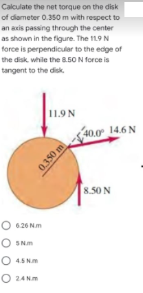 Calculate the net torque on the disk
of diameter 0.350 m with respect to
an axis passing through the center
as shown in the figure. The 11.9 N
force is perpendicular to the edge of
the disk, while the 8.50 N force is
tangent to the disk.
11.9 N
40.0° 14.6 N
8.50 N
O 6.26 N.m
O 5N.m
O 4.5 N.m
O 24 N.m
0.350 m
