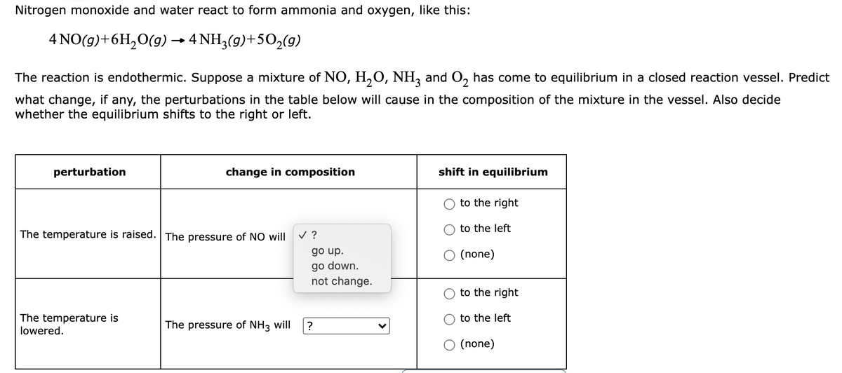 Nitrogen monoxide and water react to form ammonia and oxygen, like this:
4 NO(g)+6H,0(g) → 4 NH3(g)+50,(g)
The reaction is endothermic. Suppose a mixture of NO, H,O, NH, and O, has come to equilibrium in a closed reaction vessel. Predict
what change, if any, the perturbations in the table below will cause in the composition of the mixture in the vessel. Also decide
whether the equilibrium shifts to the right or left.
perturbation
change in composition
shift in equilibrium
to the right
to the left
The temperature is raised. The pressure of NO will
v ?
go up.
O (none)
go down.
not change.
to the right
The temperature is
lowered.
to the left
The pressure of NH3 will
?
O (none)
