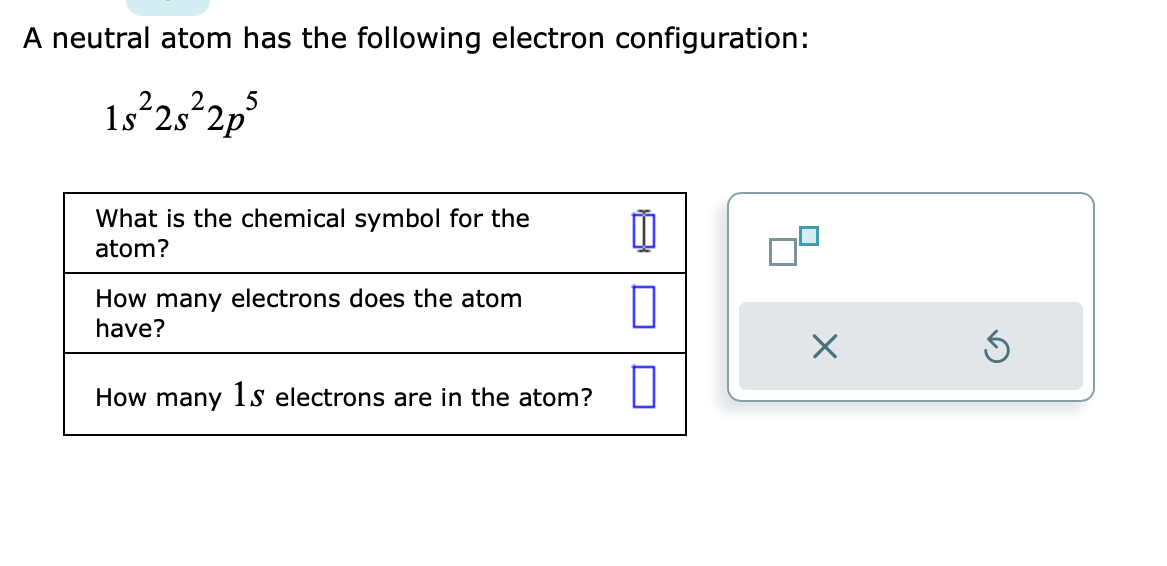 A neutral atom has the following electron configuration:
1s²2s²2p5
What is the chemical symbol for the
atom?
How many electrons does the atom
have?
How many 1s electrons are in the atom?
1
X
S