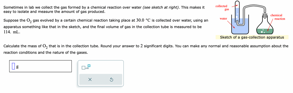 Sometimes in lab we collect the gas formed by a chemical reaction over water (see sketch at right). This makes it
easy to isolate and measure the amount of gas produced.
Suppose the O₂ gas evolved by a certain chemical reaction taking place at 30.0 °C is collected over water, using an
apparatus something like that in the sketch, and the final volume of gas in the collection tube is measured to be
114. mL.
g
x10
X
collected
Ś
gas
Sketch of a gas-collection apparatus
Calculate the mass of O₂ that is in the collection tube. Round your answer to 2 significant digits. You can make any normal and reasonable assumption about the
2
reaction conditions and the nature of the gases.
water
IS
chemical
reaction