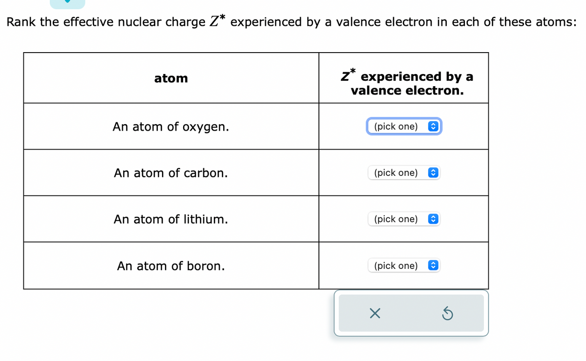 Rank the effective nuclear charge Z* experienced by a valence electron in each of these atoms:
atom
An atom of oxygen.
An atom of carbon.
An atom of lithium.
An atom of boron.
z* experienced by a
valence electron.
(pick one) î
(pick one)
(pick one)
(pick one)
X
↑
î
↑
S