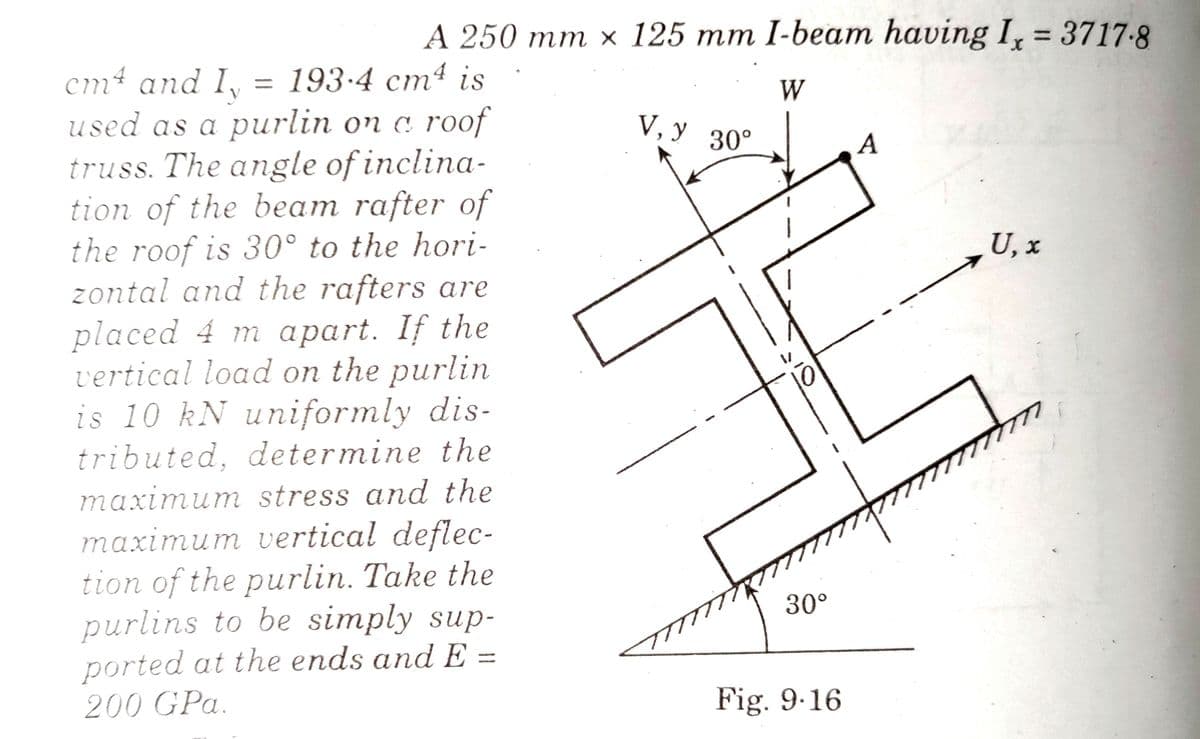 A 250 mm x 125 mm I-beam having I, = 3717-8
W
V, y 30°
A
U. x
cmª and Ix = 193.4 cm¹ is
used as a purlin on a roof
truss. The angle of inclina-
tion of the beam rafter of
the roof is 30° to the hori-
zontal and the rafters are
placed 4 m apart. If the
vertical load on the purlin
is 10 kN uniformly dis-
tributed, determine the
maximum stress and the
maximum vertical deflec-
tion of the purlin. Take the
purlins to be simply sup-
ported at the ends and E
200 GPa.
30°
Fig. 9.16
????